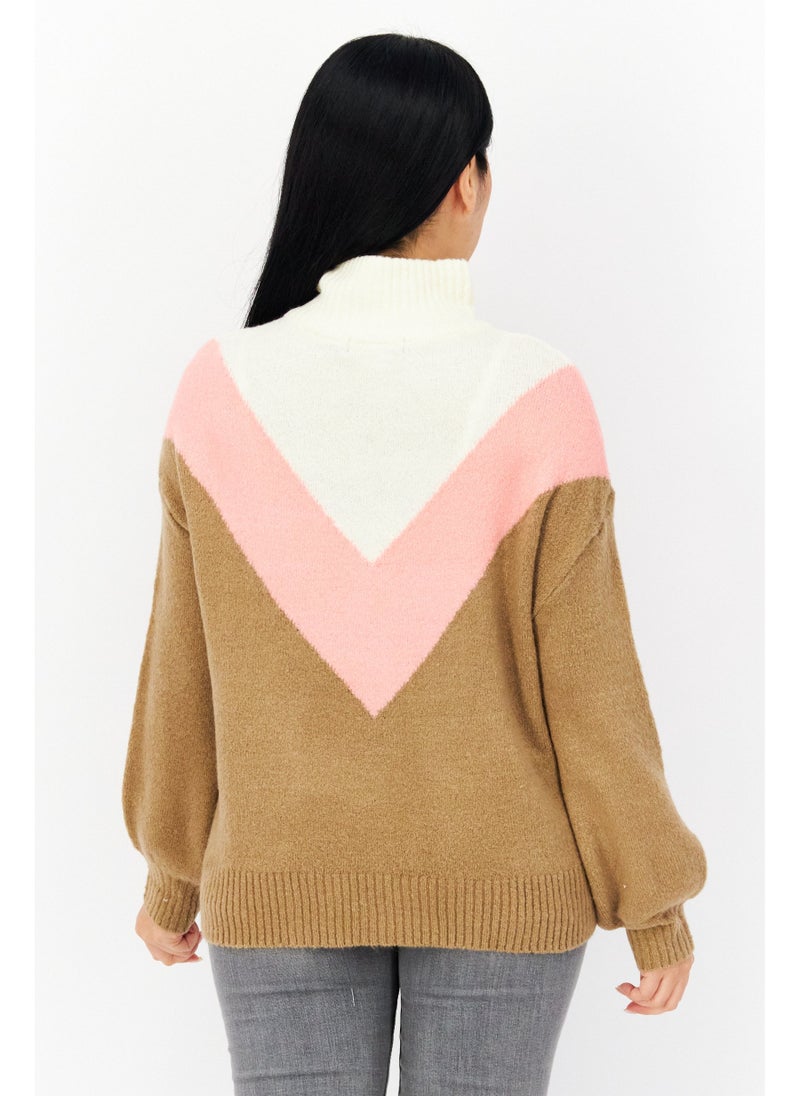 French Connection Women Mock Neck Colorblock Sweaters, Tan  - Image 5