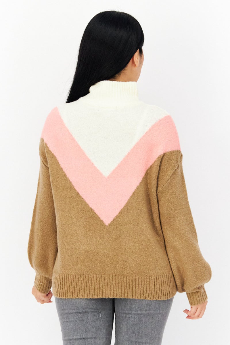 French Connection Women Mock Neck Colorblock Sweaters, Tan  - Image 3