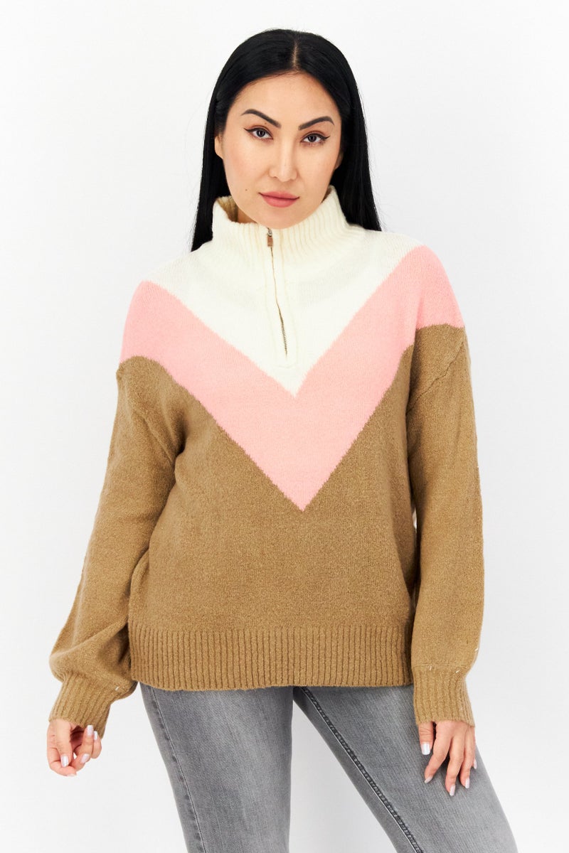 French Connection Women Mock Neck Colorblock Sweaters, Tan  - Image 1
