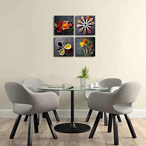 Pyradecor 4 Pieces Colorful Spices and Spoon Vintage Canvas Prints Still Life Paintings Pictures Canvas Wall Art for Living Rome Home Kitchen Decorations AH4090-3030 - Image 3