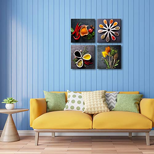 Pyradecor 4 Pieces Colorful Spices and Spoon Vintage Canvas Prints Still Life Paintings Pictures Canvas Wall Art for Living Rome Home Kitchen Decorations AH4090-3030 - Image 4
