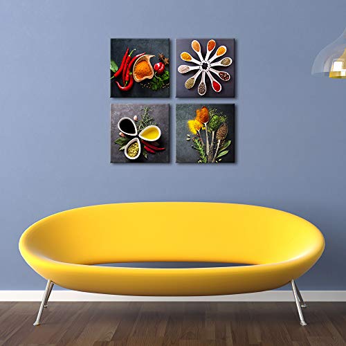Pyradecor 4 Pieces Colorful Spices and Spoon Vintage Canvas Prints Still Life Paintings Pictures Canvas Wall Art for Living Rome Home Kitchen Decorations AH4090-3030 - Image 5