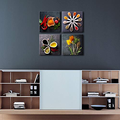 Pyradecor 4 Pieces Colorful Spices and Spoon Vintage Canvas Prints Still Life Paintings Pictures Canvas Wall Art for Living Rome Home Kitchen Decorations AH4090-3030 - Image 2