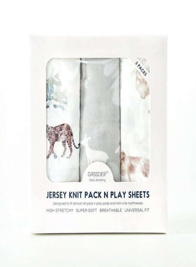 GRSSDER Stretchy Ultra Soft Jersey Knit Pack n Play Sheets Set 3 Pack, Portable/Mini Crib Sheets for Girls and Boys, Universal Fit for Pack N Plays Safe and Snug, Stylish African Savannah Animals Pattern - Image 3