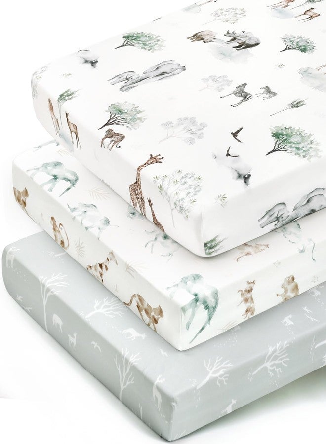 GRSSDER Stretchy Ultra Soft Jersey Knit Pack n Play Sheets Set 3 Pack, Portable/Mini Crib Sheets for Girls and Boys, Universal Fit for Pack N Plays Safe and Snug, Stylish African Savannah Animals Pattern - Image 1