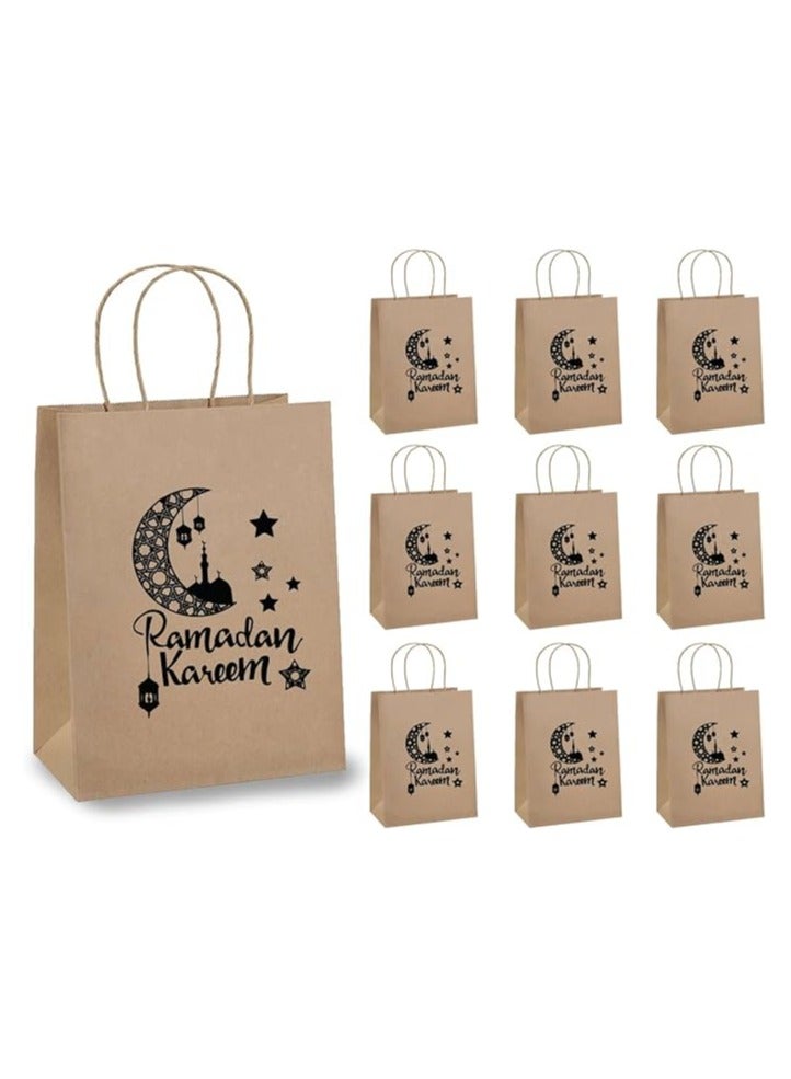 PRINTSHOP4ME 10 Pcs Of Ramadan Kareem Kraft Paper Bags With Handles Brown-Gift Kraft Paper Bags With Handles Reusable And Eco-Friendly For Gift Giving - Image 1