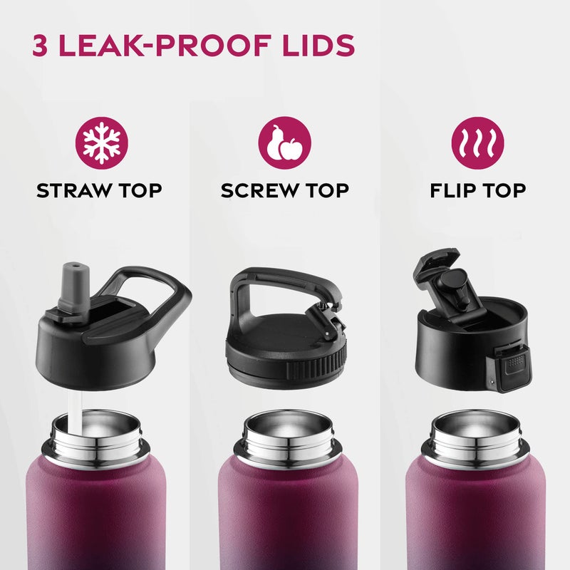 FineDine Water Bottle - Stainless Steel Insulated Water Bottle with Straw Lid, Flip Lid & Wide-Mouth Cap - Keeps Hot and Cold - 25 Oz / 739ml - Dreamy Purple - Image 4