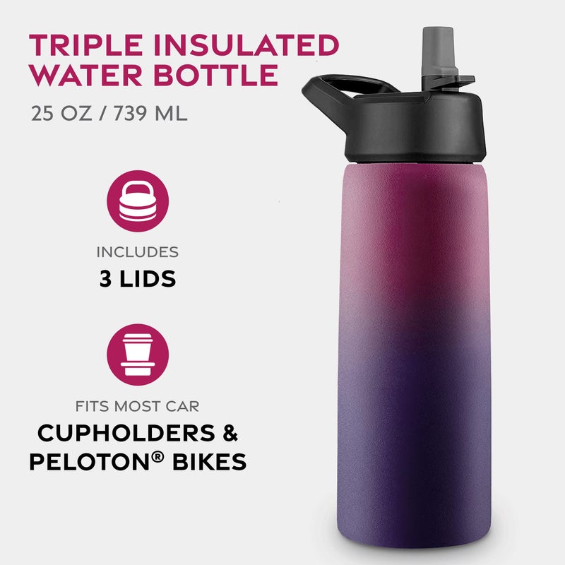 FineDine Water Bottle - Stainless Steel Insulated Water Bottle with Straw Lid, Flip Lid & Wide-Mouth Cap - Keeps Hot and Cold - 25 Oz / 739ml - Dreamy Purple - Image 2