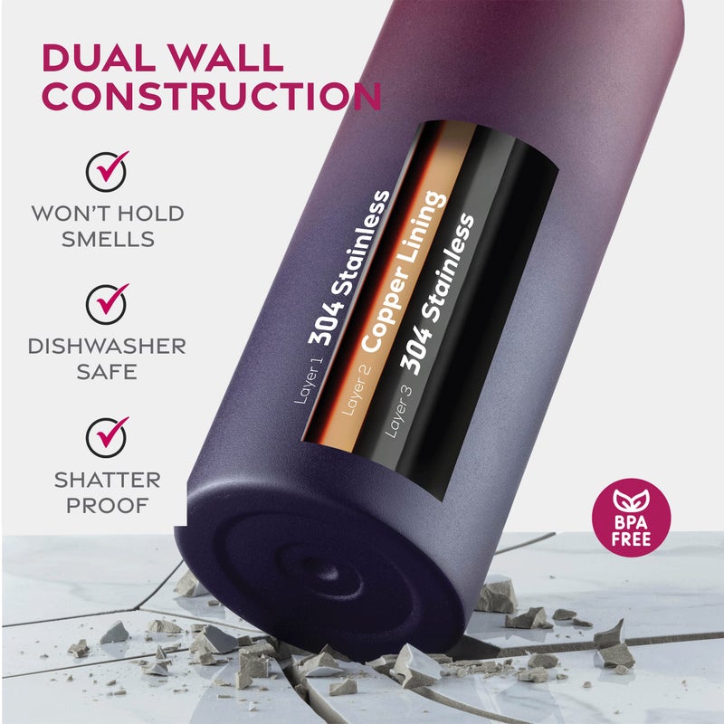 FineDine Water Bottle - Stainless Steel Insulated Water Bottle with Straw Lid, Flip Lid & Wide-Mouth Cap - Keeps Hot and Cold - 25 Oz / 739ml - Dreamy Purple - Image 5