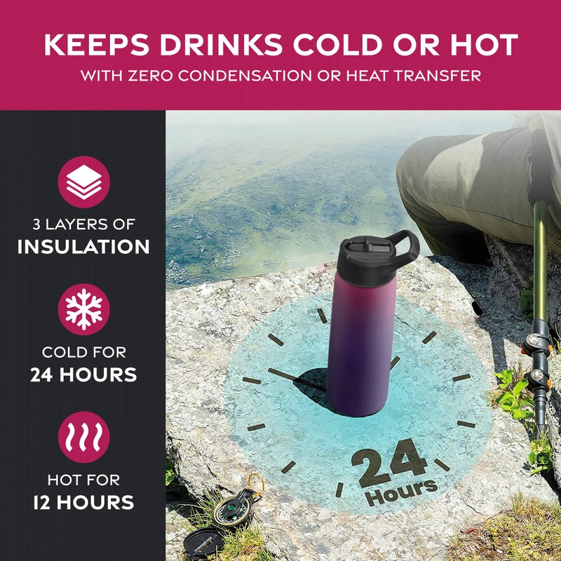 FineDine Water Bottle - Stainless Steel Insulated Water Bottle with Straw Lid, Flip Lid & Wide-Mouth Cap - Keeps Hot and Cold - 25 Oz / 739ml - Dreamy Purple - Image 3