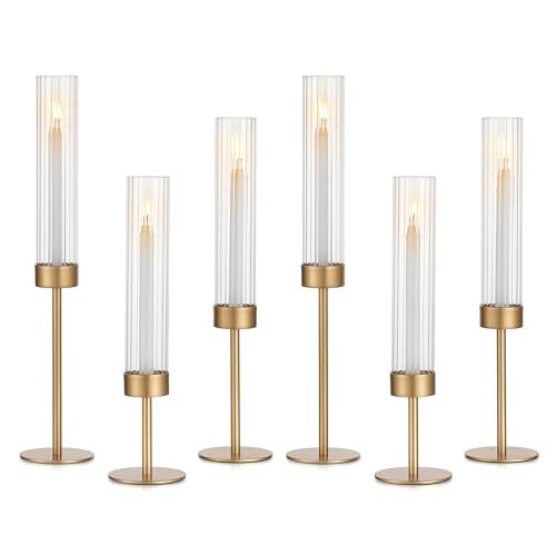 Glasseam Tapered Gold Candlestick Holders 6 Pcs Tall Brass Taper Candle Holder with Ribbed Glass Cylinder Hurricane Fluted Candle Holders for Table Centerpiece Wedding Party Christmas Decorations - Image 1