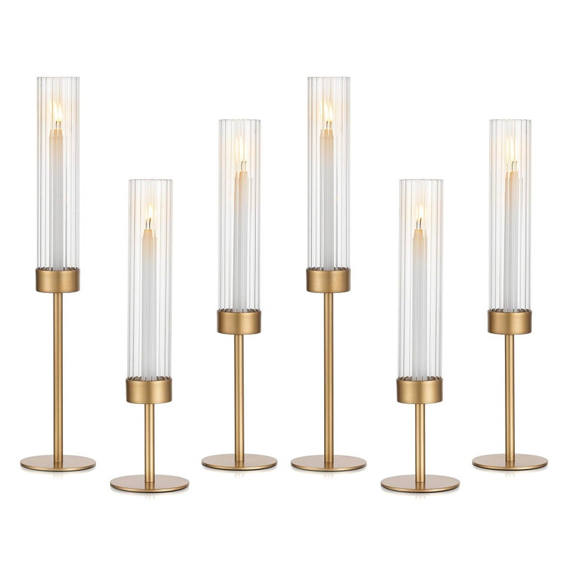 Glasseam Tapered Gold Candlestick Holders 6 Pcs Tall Brass Taper Candle Holder with Ribbed Glass Cylinder Hurricane Fluted Candle Holders for Table Centerpiece Wedding Party Christmas Decorations - Image 2