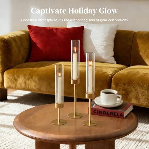 Glasseam Tapered Gold Candlestick Holders 6 Pcs Tall Brass Taper Candle Holder with Ribbed Glass Cylinder Hurricane Fluted Candle Holders for Table Centerpiece Wedding Party Christmas Decorations - Image 3