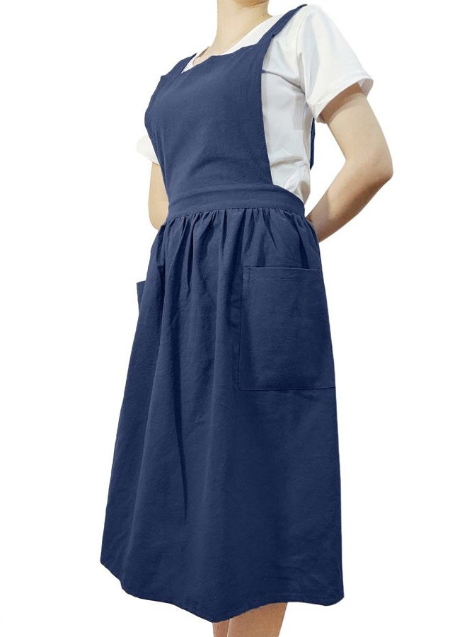 losofar Women Girls Vintage Apron Gardening Works Cross Back Pinafore Dress, Navy, One size - Image 4
