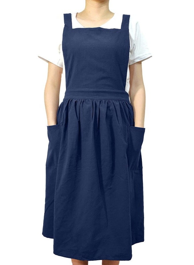 losofar Women Girls Vintage Apron Gardening Works Cross Back Pinafore Dress, Navy, One size - Image 2