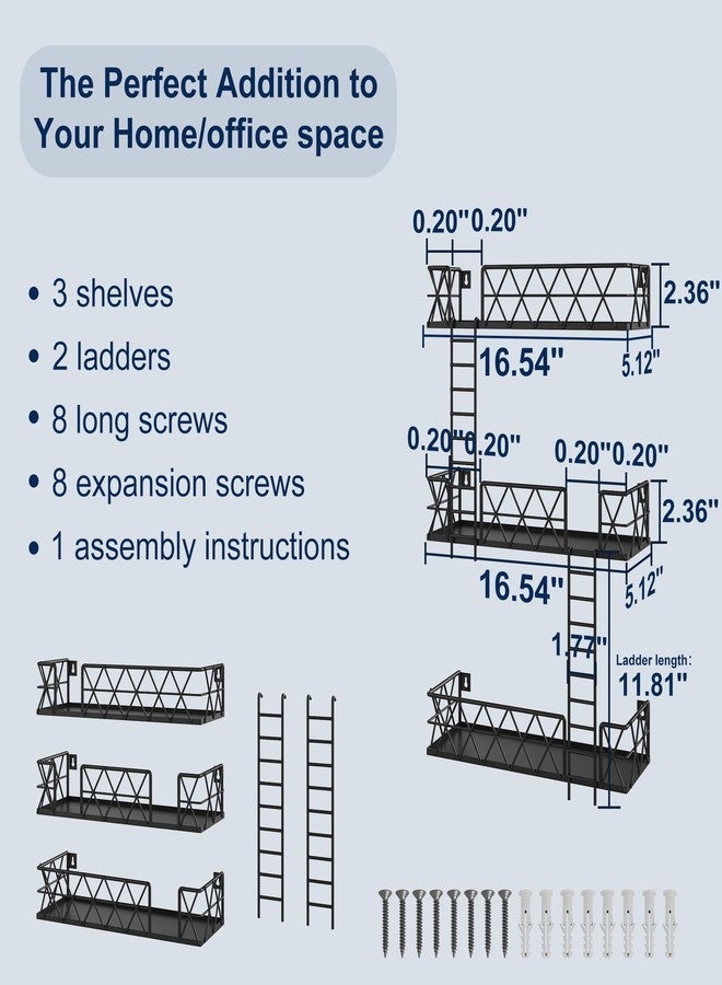 LUDORU LUDOUR Fire Escape Wall Shelf - 3 Tier Fire Escape Ladder Wall Shelf 16.5’’ Long, New York Metal Decorative Shelf for Action Figure Display, Black Floating Wall Shelves for Bedroom, Home Décor. - Image 3