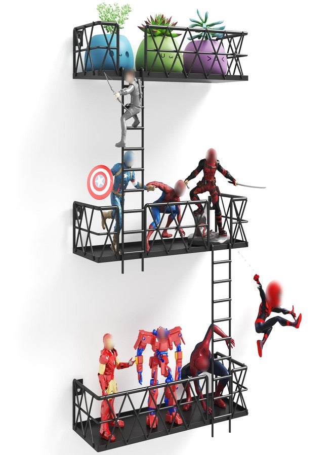 LUDORU LUDOUR Fire Escape Wall Shelf - 3 Tier Fire Escape Ladder Wall Shelf 16.5’’ Long, New York Metal Decorative Shelf for Action Figure Display, Black Floating Wall Shelves for Bedroom, Home Décor. - Image 1