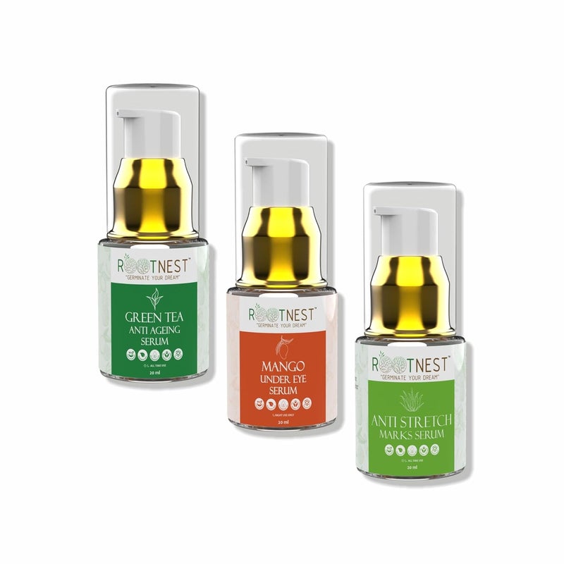 Rootnest Skin care kit with Mango Under Eye Serum for face 20ml Green Tea Anti Ageing Serum for face 20ml Anti Stretch Marks Serum 20ml - Image 1