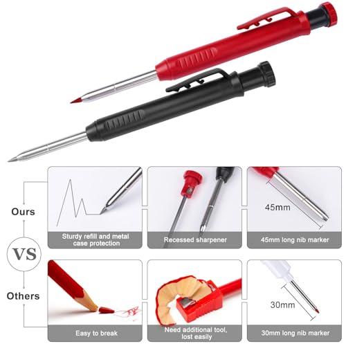 MECHEER 2 Pack Carpenter Pencils Mechanical Pencils with 12 Refills, Construction Pencils with Built-in Sharpener, Long Nib Deep Hole Pencil Marker, Heavy Duty Woodworking Pencil for Architect (2 Colors) - Image 5