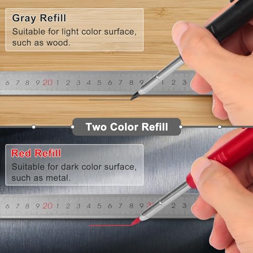 MECHEER 2 Pack Carpenter Pencils Mechanical Pencils with 12 Refills, Construction Pencils with Built-in Sharpener, Long Nib Deep Hole Pencil Marker, Heavy Duty Woodworking Pencil for Architect (2 Colors) - Image 3
