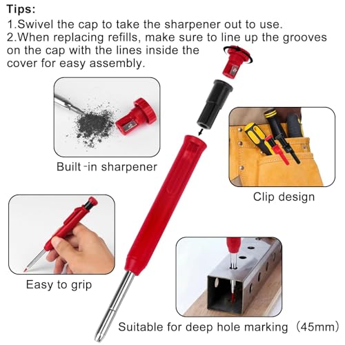 MECHEER 2 Pack Carpenter Pencils Mechanical Pencils with 12 Refills, Construction Pencils with Built-in Sharpener, Long Nib Deep Hole Pencil Marker, Heavy Duty Woodworking Pencil for Architect (2 Colors) - Image 4