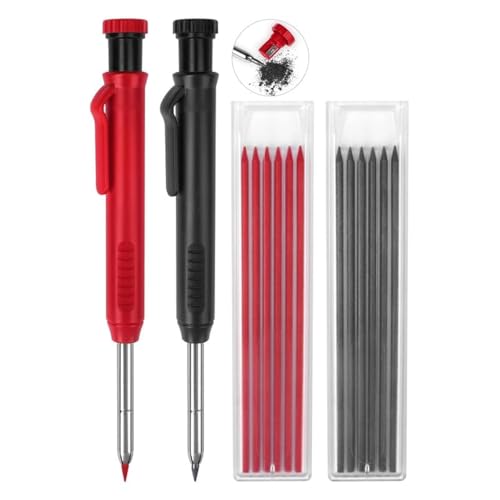 MECHEER 2 Pack Carpenter Pencils Mechanical Pencils with 12 Refills, Construction Pencils with Built-in Sharpener, Long Nib Deep Hole Pencil Marker, Heavy Duty Woodworking Pencil for Architect (2 Colors) - Image 1