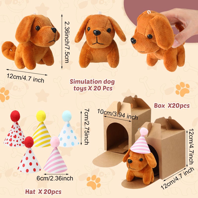 Motionchic 20 Set Mini Plush Toy Stuffed Animals Dogs Set with Birthday Hats Kraft Paper Boxes Small Stuffed Puppy Adopt Pet Gift for Adoption Event Animal Theme Birthday Stocking Stuffers(Cute Dog) - Image 2