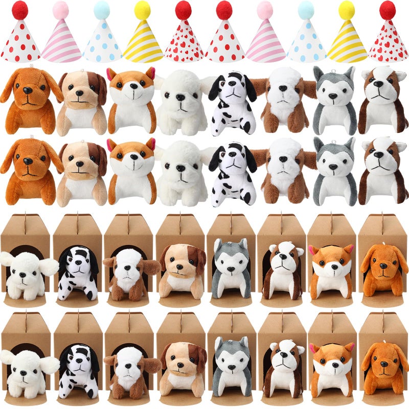 Motionchic 20 Set Mini Plush Toy Stuffed Animals Dogs Set with Birthday Hats Kraft Paper Boxes Small Stuffed Puppy Adopt Pet Gift for Adoption Event Animal Theme Birthday Stocking Stuffers(Cute Dog) - Image 1