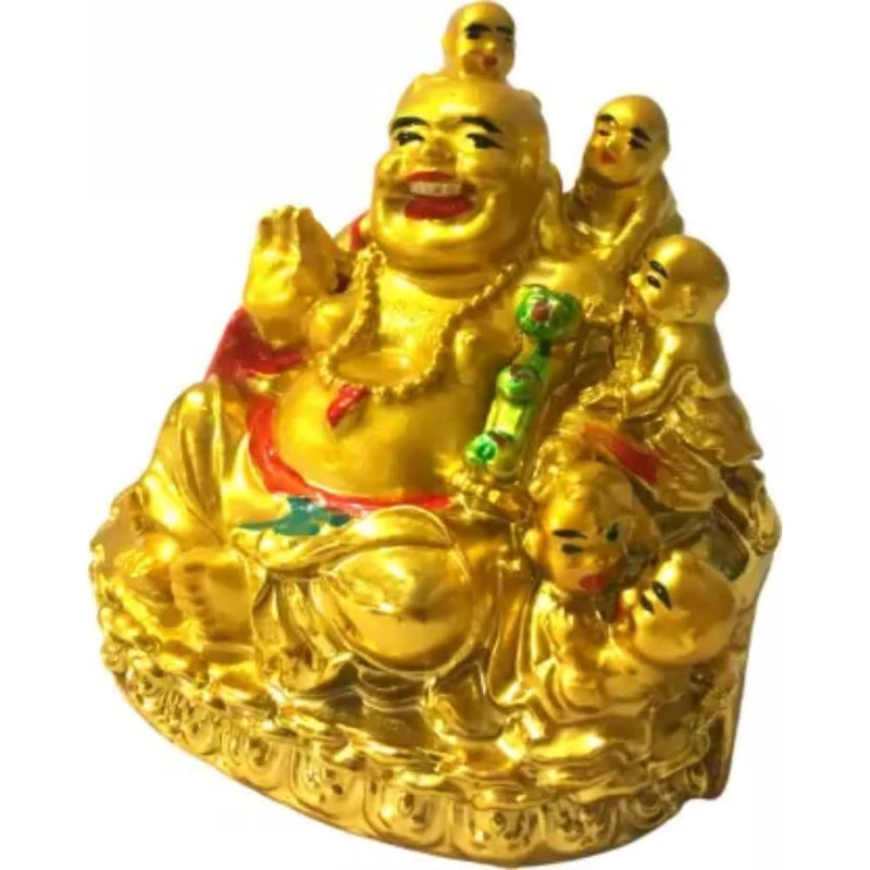 GJ Laughing Buddha with Children Showpiece Standard Gold - Image 4