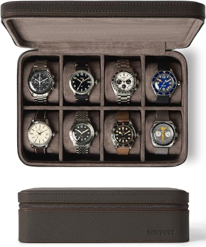 TAWBURY Watch Case 8 Slot Genuine TopGrain Leather Watch Box for Men Women with Extra Wide Pillows for Large Watches Portable Wristwatch Storage for Home Travel Brown - Image 1