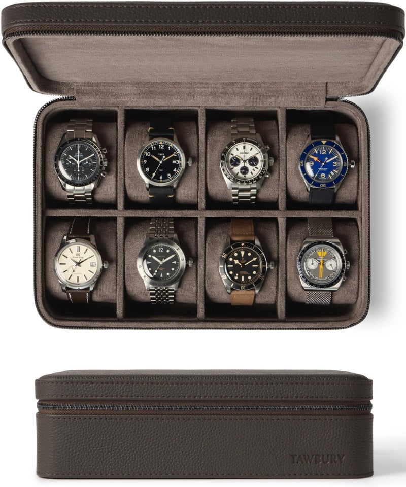 TAWBURY Watch Case 8 Slot Genuine TopGrain Leather Watch Box for Men Women with Extra Wide Pillows for Large Watches Portable Wristwatch Storage for Home Travel Brown - Image 2