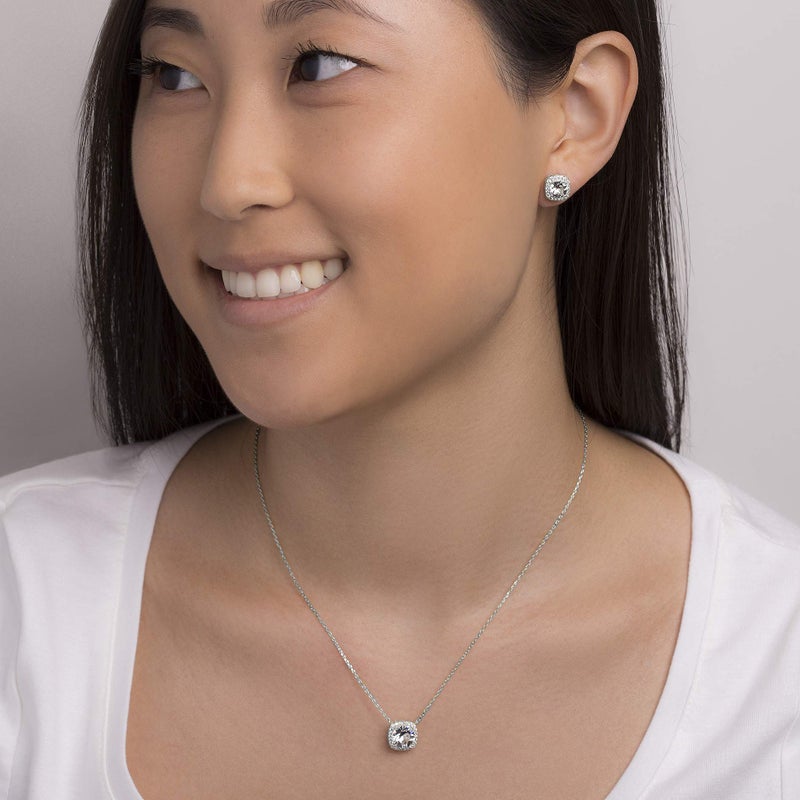 Devin Rose Stud Halo Cushion Shaped Earrings for Women and 18 Inch Necklace for Women Jewelry Set made with Faceted Crystals in Rhodium Plated Brass White - Image 2