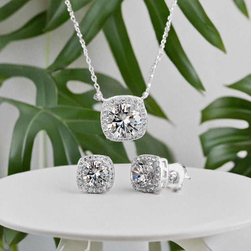 Devin Rose Stud Halo Cushion Shaped Earrings for Women and 18 Inch Necklace for Women Jewelry Set made with Faceted Crystals in Rhodium Plated Brass White - Image 3