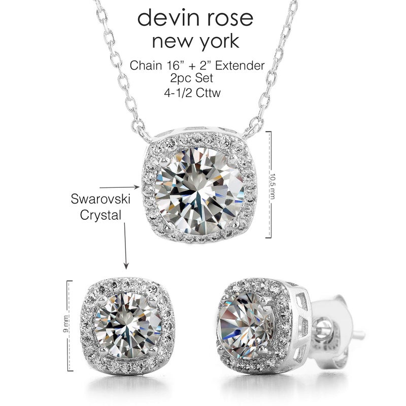 Devin Rose Stud Halo Cushion Shaped Earrings for Women and 18 Inch Necklace for Women Jewelry Set made with Faceted Crystals in Rhodium Plated Brass White - Image 4