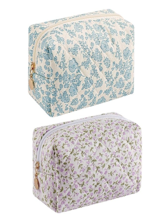 WHHJM Cute Floral Makeup Bag Small Cotton Quilted Cosmetic Bag, Aesthetic Essential Bag Emergency Bag Gift for Women Girls Travel Accessories (Two Pack: (Blue Floral+Purple Flowers) - Image 1