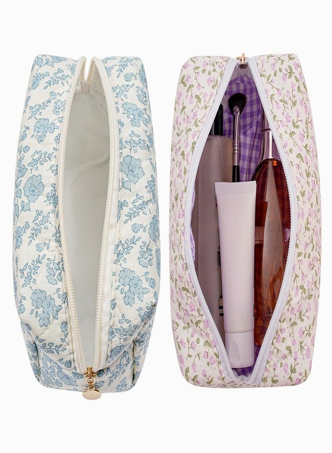 WHHJM Cute Floral Makeup Bag Small Cotton Quilted Cosmetic Bag, Aesthetic Essential Bag Emergency Bag Gift for Women Girls Travel Accessories (Two Pack: (Blue Floral+Purple Flowers) - Image 2