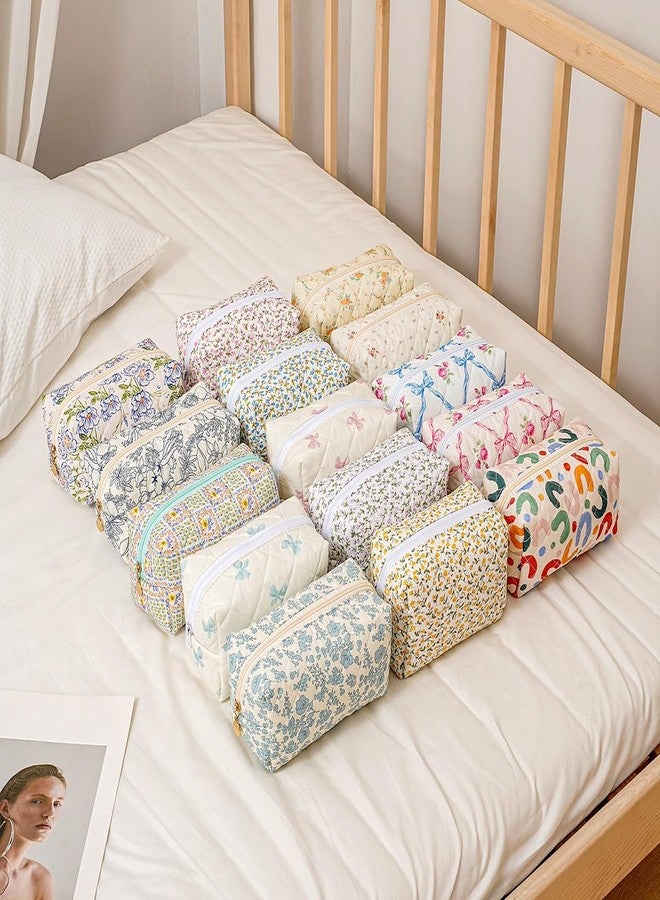 WHHJM Cute Floral Makeup Bag Small Cotton Quilted Cosmetic Bag, Aesthetic Essential Bag Emergency Bag Gift for Women Girls Travel Accessories (Two Pack: (Blue Floral+Purple Flowers) - Image 4