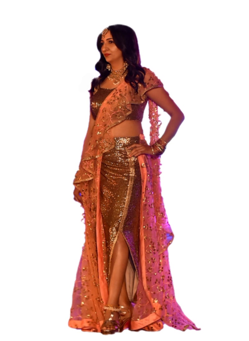 Grab Mantra Trendy Indo Western Style Sequence Golden Skirt With Net Embroidery Lehenga Having Ruffle And Stitched Medium Size Blouse  - Image 5