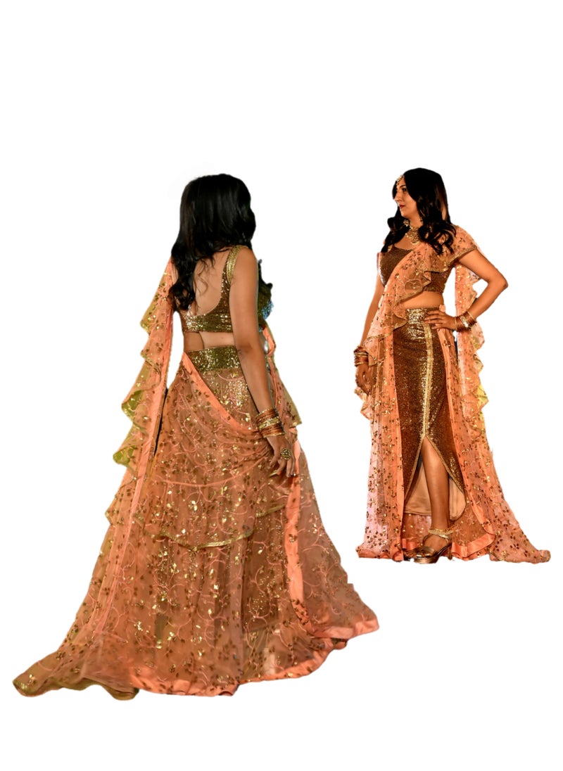 Grab Mantra Trendy Indo Western Style Sequence Golden Skirt With Net Embroidery Lehenga Having Ruffle And Stitched Medium Size Blouse  - Image 1