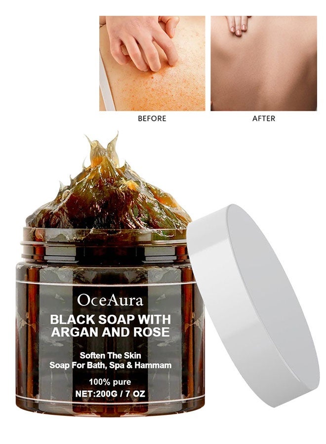 OceAura Black Soap with Argan and Rose 200g, Body Exfoliator Scrub, Soften The Skin, Soap for Bath, Spa and Hammam, Morocco Black Beldi Soap, Cleansers Natural Ingredients, Skin Care - Image 1