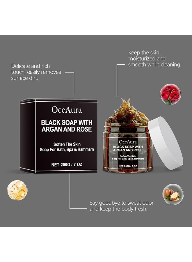OceAura Black Soap with Argan and Rose 200g, Body Exfoliator Scrub, Soften The Skin, Soap for Bath, Spa and Hammam, Morocco Black Beldi Soap, Cleansers Natural Ingredients, Skin Care - Image 5