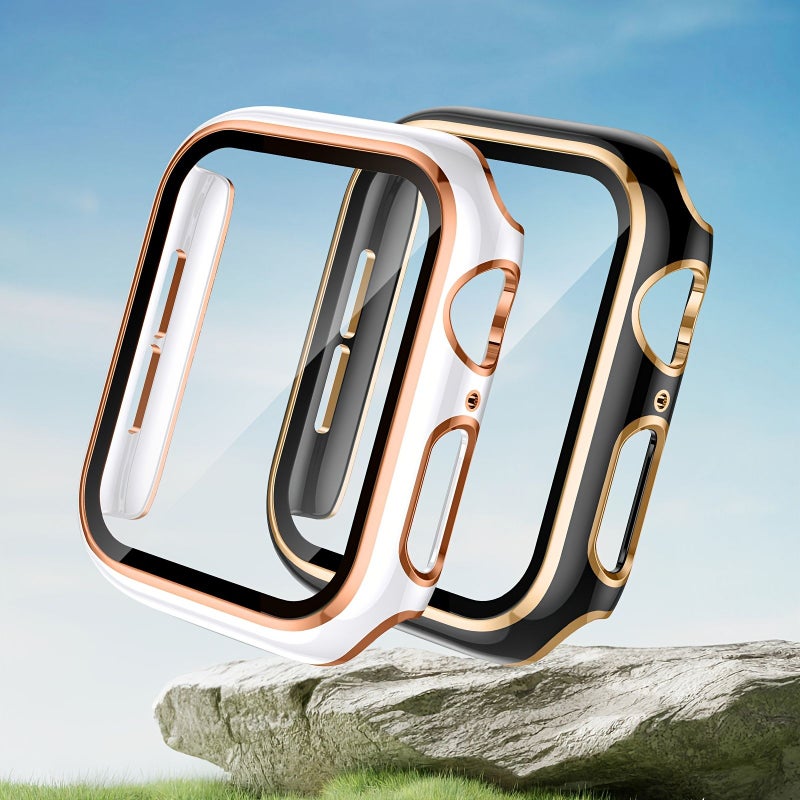 1pc Men Fashionable Carved 2 In 1 Ultra Thin Tempered Glass Screen Protector Anti Fall Watch Case Black Golden 44mm Compatible For Apple Watch Series Ultra Se 11 10 9 8 7 6 5 4 3 2 1 38 40 41 42 44 45 46 49mm - Image 1