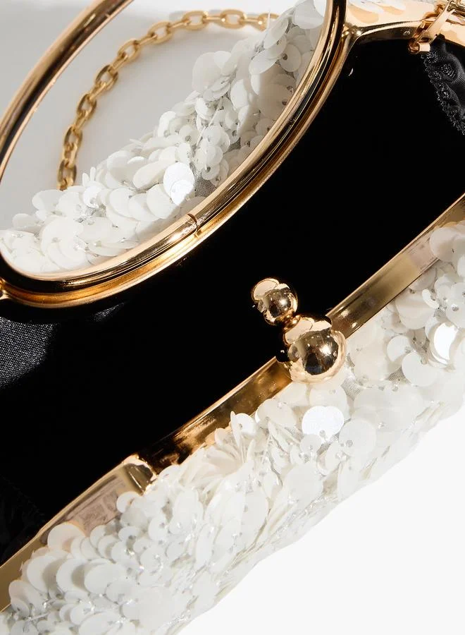 Styli  White Sequin Handbag with Gold Tone Ring Handle for Women | Best Price UAE
