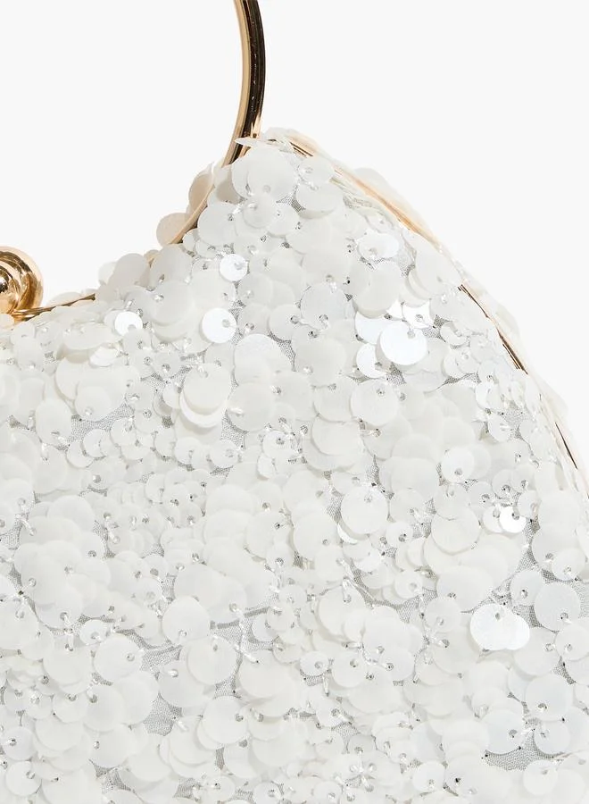 Styli  White Sequin Handbag with Gold Tone Ring Handle for Women | Best Price UAE