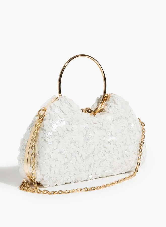 Styli  White Sequin Handbag with Gold Tone Ring Handle for Women | Best Price UAE