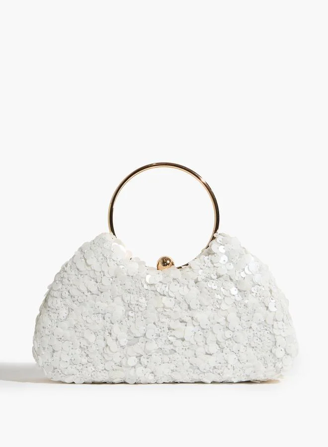 White Sequin Handbag with Gold Tone Ring Handle