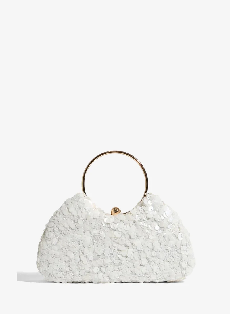 White Sequin Handbag with Gold Tone Ring Handle