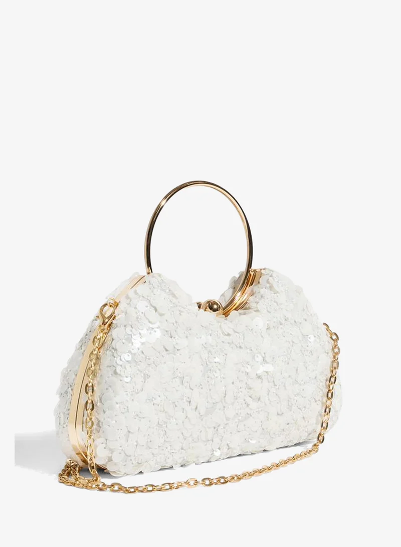 Styli White Sequin Handbag with Gold Tone Ring Handle