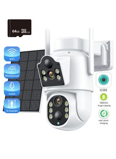 Solar Camera Outdoor 4MP Battery Camera Dual Lens Wireless Surveillance Camera iCsee APP Security Protection, PIR Motion Detection, with 64GB SD Card, 2.4GHz WiFi