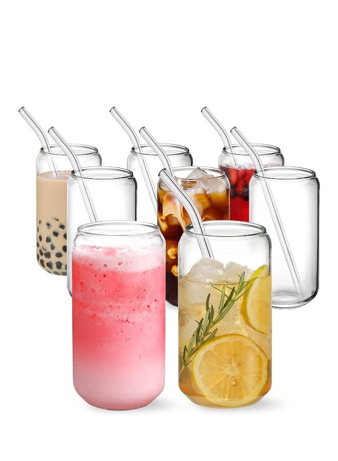 JOMILA [8pcs Set] Drinking Glasses with Glass Straw 16oz Can Shaped Glass Cups Glasses Iced Coffee Glasses Cute Tumbler Cup Ideal for Whiskey Soda Tea Water Gift - Image 1
